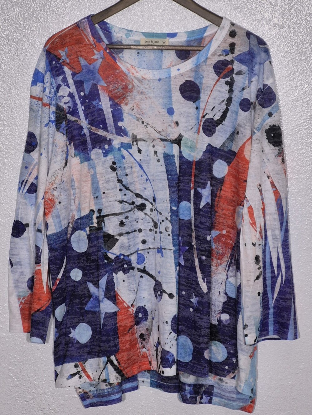 Jess & Jane Tunic Womens 3X White Blue Patriotic Americana Burnout Artsy Boho LS